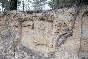 outdoor sculpted figure of a stork bird on the wall by anonymous sculptor in Falces Navarra