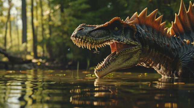 3D render animation of close up spinosaurus at a creek in the water in prehistoric setting, dinosaur concept   