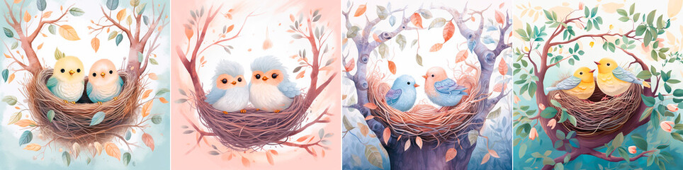 Illustration of birds in a nest on a tree. Children's storybook style with cute and simple lines. Delicate textures and pastel colors create a soft and delicate look.