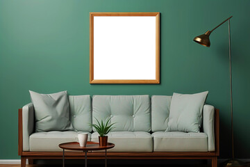 Room interior with sofa with pillows, lamp, plant on a small table and mockup blank picture on a wall