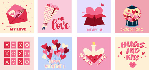 Set of Valentine's day greeting cards with greeting lettering and romantic elements. Happy Valentine's day.