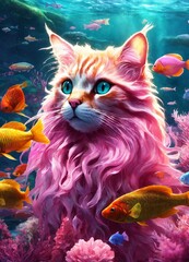 Obraz na płótnie Canvas A fantastic pink cat in the sea watches the fish. Fantasy.