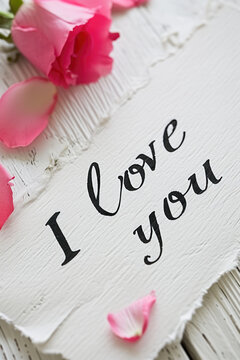 I love you card with rose petals on white wooden background.