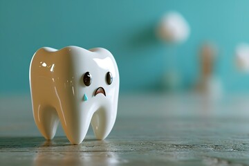 Volumetric illustration of a crying tooth with a tear in a cartoon style with an emotion of sadness, fear and a tear on blue background