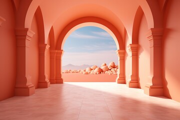 terracotta colored corridor with columns against a desert landsape and cloudy sky