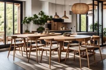 Fototapeta premium Interior of the restaurant table and chairs with outside view from glass windows.