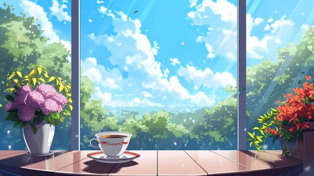 a cup of hot coffee on the table, and by the window with a view of nature. Seamless looping time-lapse virtual video animation background 