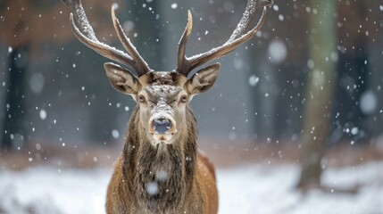 Close up of a Red deer stag in winter, UK.   