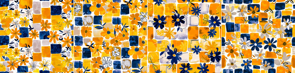 The work is done in watercolor style. Includes a daisy motif. The main color palette consists of brick and mustard colors. Features a cute and playful illustration style. - obrazy, fototapety, plakaty