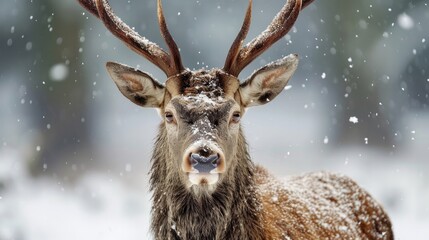 Close up of a Red deer stag in winter, UK.    