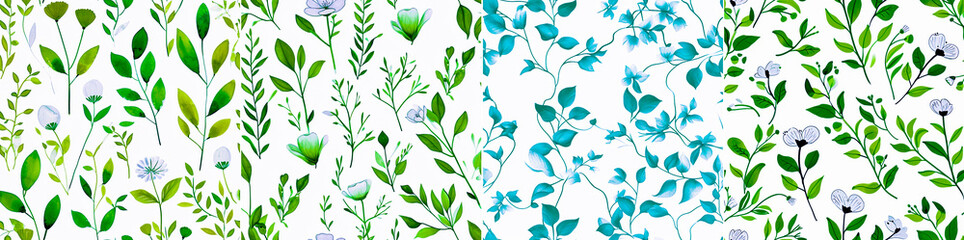 Hand drawn watercolor wallpaper with flowers and leaves in green and white. Minimalist and cute illustration style. Ideal for adding a touch of nature to any space.