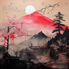 Abstract Landscape Japanese painting, Fuji /mountain in red tone
