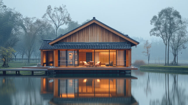 Wooden house on the lake in the fog