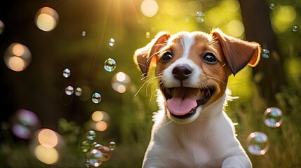 delightful scene of Jack, the Puppy Russell, playing with soap bubbles outdoors in the warm summer air.