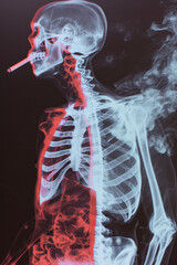 X-ray of a human skeleton with smoking pipe, isolated on black background