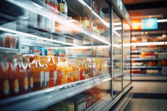 Supermarket refrigerator with drinks, shelves with food, selective focus, blurred background