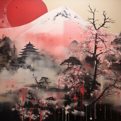 Abstract Landscape Japanese painting, Fuji /mountain in red tone