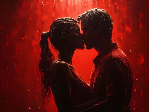 Silhouette of a man and woman kissing in front. Red background with dripping water. Valentine's Day. Illustration. Generative AI