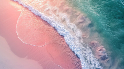 Stunning top view from a drone: beautiful pink beach waves of sea water hitting the sand on the shore. Atmospheric ocean landscape