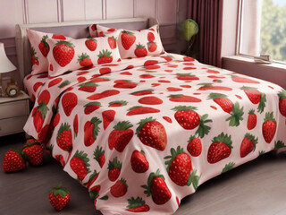 Strawberry design bedsheets in room interior 