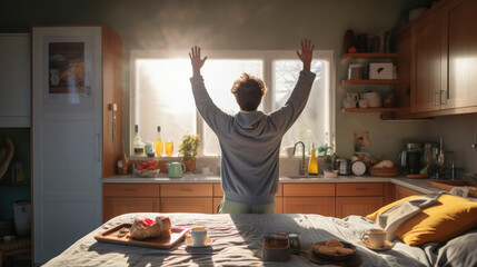 Fototapeta premium A bright morning, a picture of a man turning his back, raising his hands to welcome the morning sun. in your own bedroom On the bed there was breakfast prepared.banner