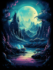 Fototapeta premium xT-shirt design, space wallpapers, planetary animation, fantasy pictures, in the style of realistic landscapes with soft edges created with Generative Ai