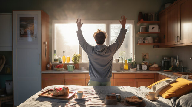 A bright morning, a picture of a man turning his back, raising his hands to welcome the morning sun. in your own bedroom On the bed there was breakfast prepared.banner