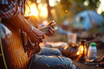 man in a plaid shirt plays a guitar in a camp near in the forest at a sunset background