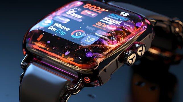 A smartwatch with a holographic interface, projecting digital elements into the air against a neutral background