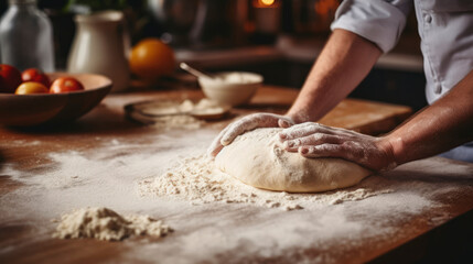 Obraz na płótnie Canvas Artisanal Mastery: Baker Kneading Fresh Dough for Delicious Homemade Bread - Culinary Banner
