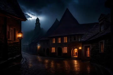 . The ancient stone buildings huddle together, their windows aglow with warm candlelight