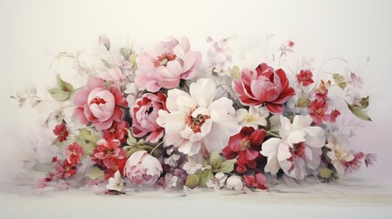 the graceful blend of white, red, and pink flowers on a pristine white surface.