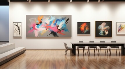 A chic and sophisticated banner featuring a contemporary art exhibit, highlighting abstract artworks in a modern gallery setting, - Generative AI