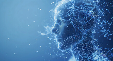 Futuristic female robot head , pervaded by the network of the World Wide Web, lines, neural processes of the brain, artificial intelligence. Copy space.