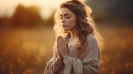 young beautiful girl prays at home