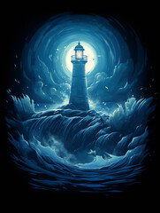 T-shirt design, a lighthouse standing in the frozen ocean, in the style of hauntingly beautiful illustrations created with Generative Ai
