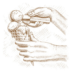 Ice cream in a waffle cone with hands holding a spoon hand drawn