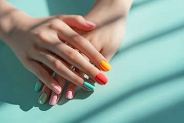 Female hands with pastel multicolored manicure elegantly crossed over a turquoise background - obrazy, fototapety, plakaty