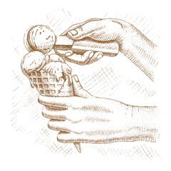 Ice cream in a waffle cone with hands holding a spoon hand drawn