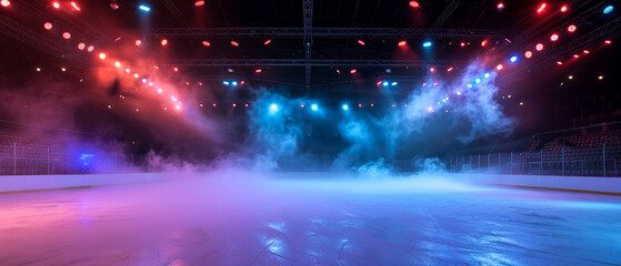 Fototapeta na wymiar Purple Ice Rink Background. Professional Arena illuminated neon lights, spotlights with smoke. Copyspace. Winter poster for hockey competitions. Ice skating. Stadium. Generative ai 