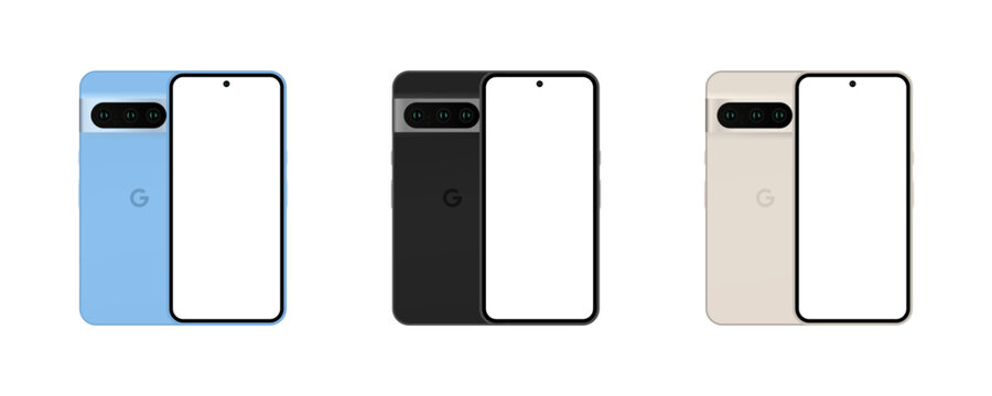 Smartphone Google Pixel 8 Pro. Editorial set of Google Pixel 8 Pro. Bay, Obsidian, Porcelain color. Collection of Pixel 8 Pro smartphone. Rear, front and side views. Phone screen. Vector icons
