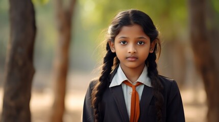 Portrait of happy indian girl with school bag standing outdoor. Neural network AI generated art