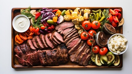 the smoky goodness of a roasted barbecue platter, featuring an array of grilled meats and veggies, their savory appeal highlighted against a clean and inviting white canvas.