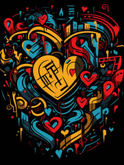 T-shirt design, a stylized human heart entwined with musical notes and clefs, in the style of graffiti created with Generative Ai