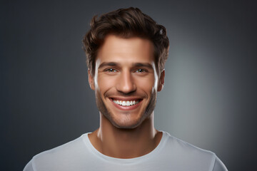 Fototapeta premium Young handsome male man smiling to the camera while his teeth are being brushed, in the style of shaped canvas, spectacular show of ages, gray and amber, minimalistic modernism, light gray, dadaist, r