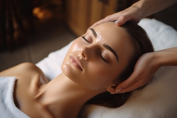 Obraz premium Woman having facial massage at beauty spa for her skin treatment, in the style of ultrafine detail, large canvas format, biedermeier, soft light