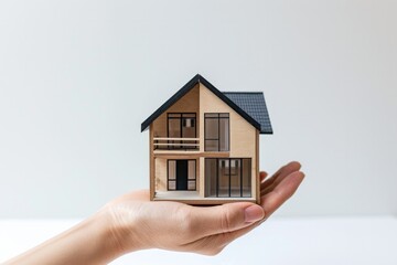 Fototapeta na wymiar A hand holding a miniature model of a modern house. concept real estate dream home