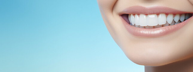 Obraz premium Woman face smile with teeth on blue background, in the style of macro perspectives, poster, panoramic scale, human anatomy, wimmelbilder, shaped canvas, low-angle