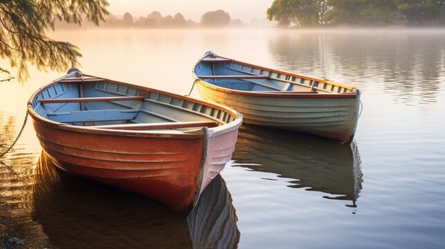 two charming wooden rowboats, their hulls gently touching, set against a serene white background, capturing the tranquil beauty of a lakeside rendezvous.