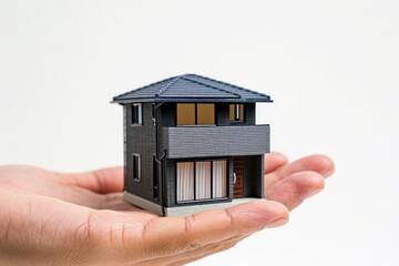 A hand holding a miniature model of a modern house. concept real estate dream home